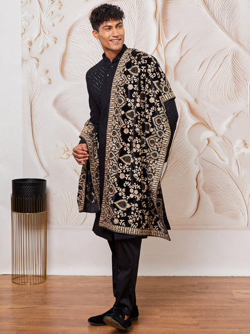 Men's Black Cotton Blend Sherwani Pant And Dupatta Set